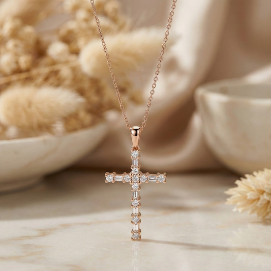 0.190 Ct Baguette & Round Moissanite Cross Necklace