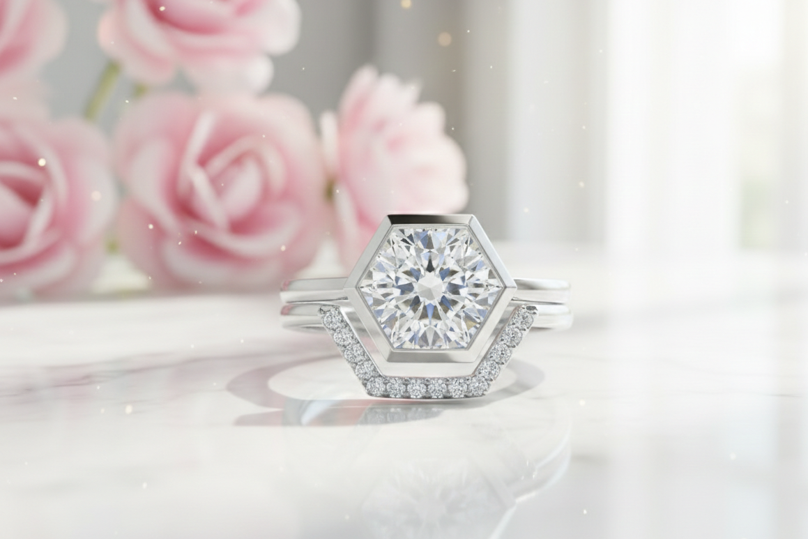 1.30 Ct Hexagon Cut Lab Grown  Engagement Ring Set