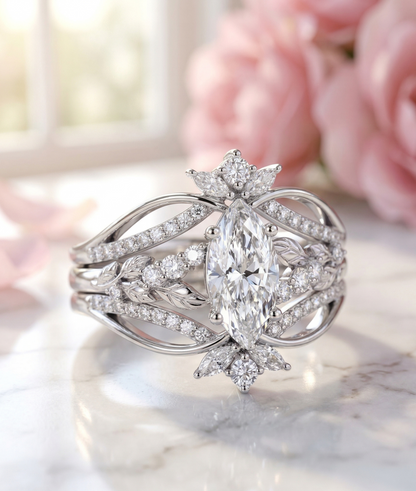 1.510CT Marquise Lab Diamond Leaf Bridal Ring Set