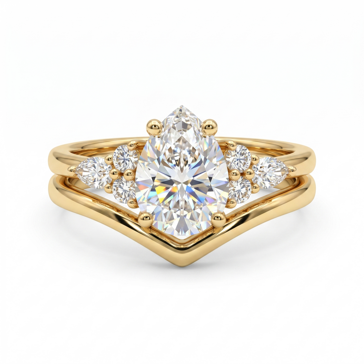 1.00ct Pear Shaped Natural Diamond Engagement Ring Set  Curved Band