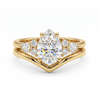 1.00ct Pear Shaped Natural Diamond Engagement Ring Set  Curved Band