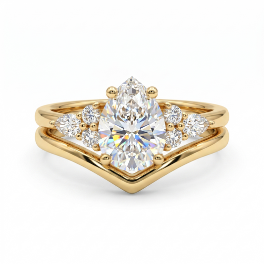 1.00ct Pear Shaped Natural Diamond Engagement Ring Set  Curved Band