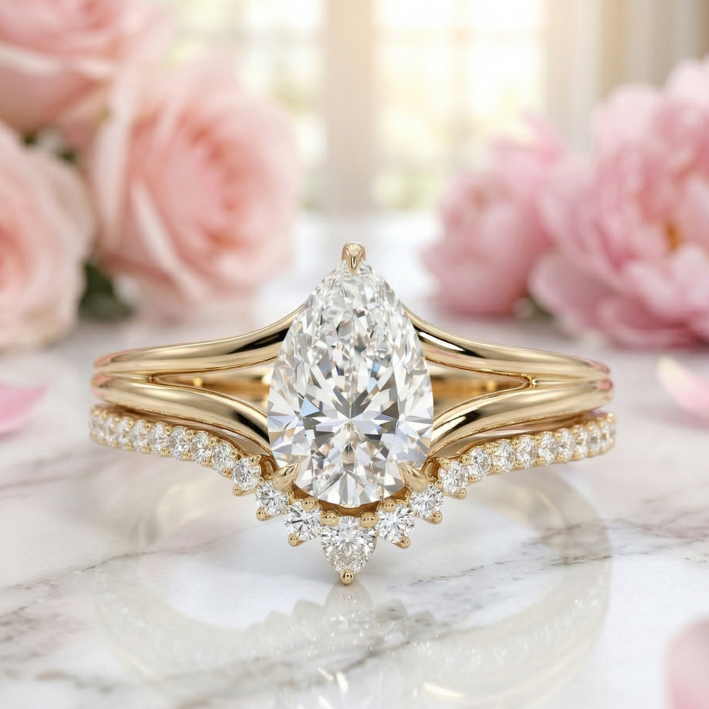 2.20 ct Pear Shaped Lab Grown Diamond Split Shank Ring Set