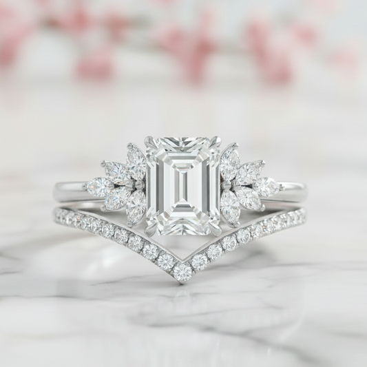 1.50 Ct Emerald Cut Moissanite Engagement Ring Set