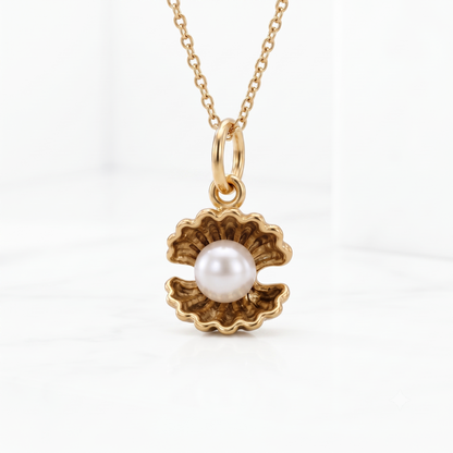 Pearl Oyster Necklace, 14K Gold Pearl Pendant Necklace