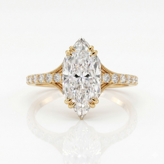 1.400CT Marquise Lab Grown Diamond Engagement Ring, Gold Pavé Band