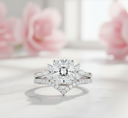 1.65 Ct Cushion Cut Diamond Bridal Set – Floral Halo Ring
