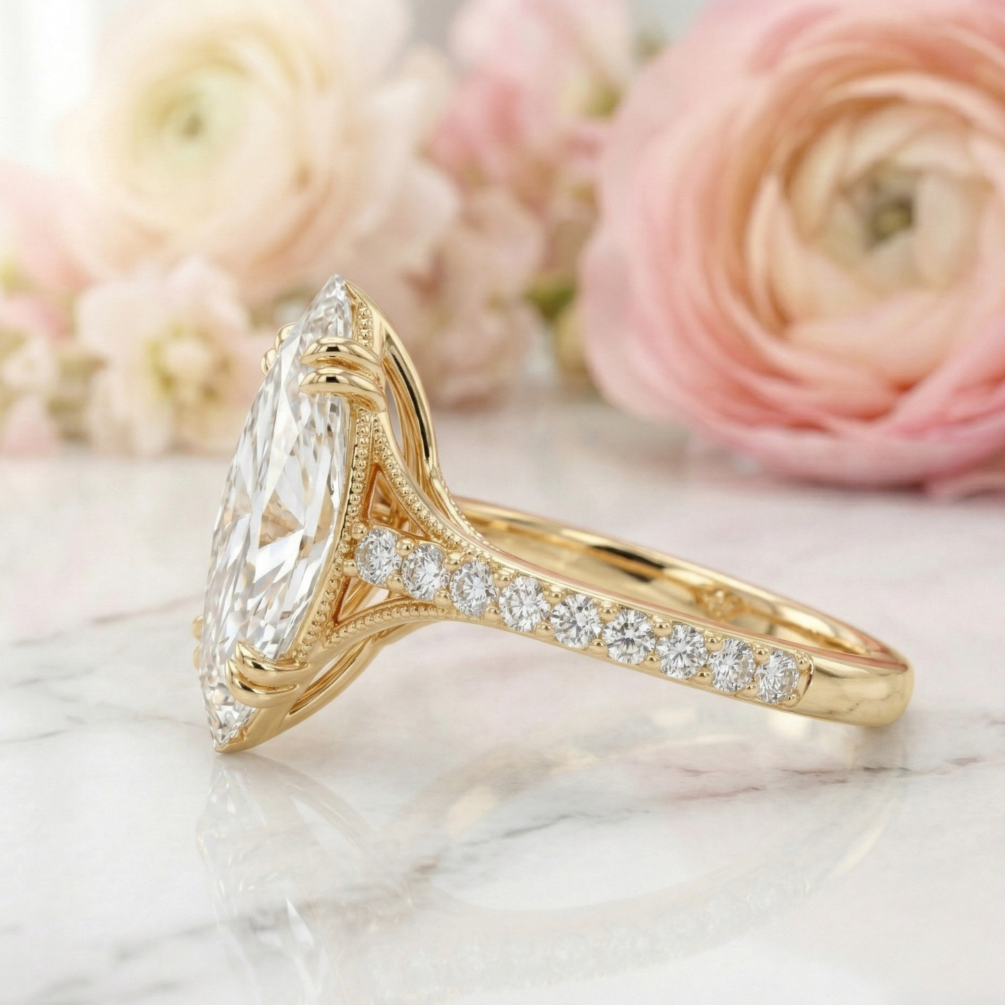 1.400CT Marquise Lab Grown Diamond Engagement Ring, Gold Pavé Band