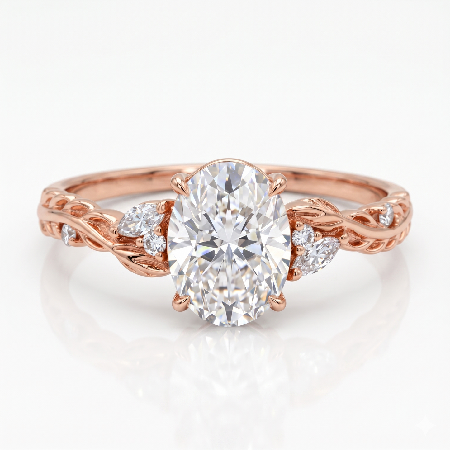 1.60ct Oval Lab Grown Diamond Engagement Ring - Leaf Art Deco