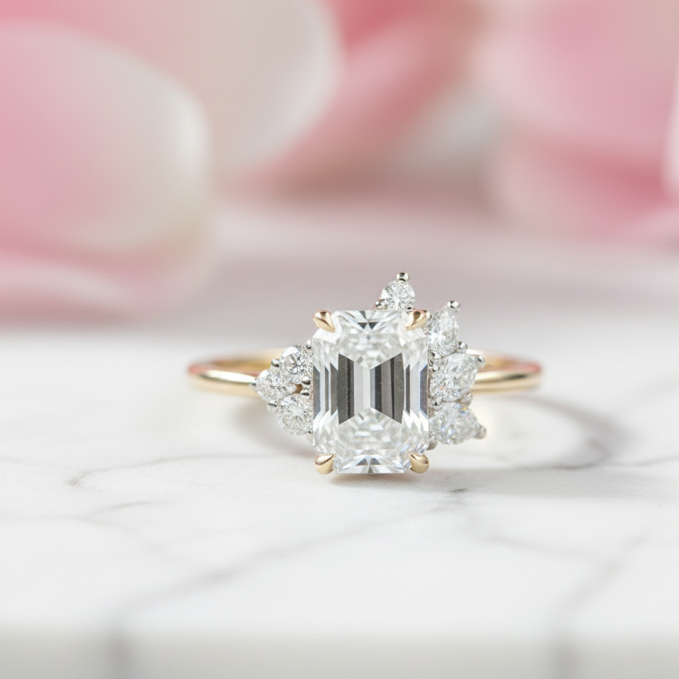 1.600ct Emerald Cut Three Stone Cluster Engagement Ring