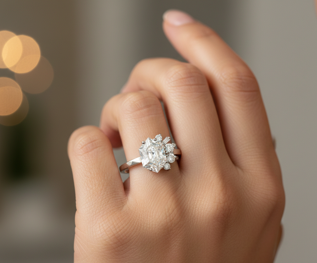 Hexagon Engagement Ring 1.65 CT – Geometric Cluster 14K Gold Ring