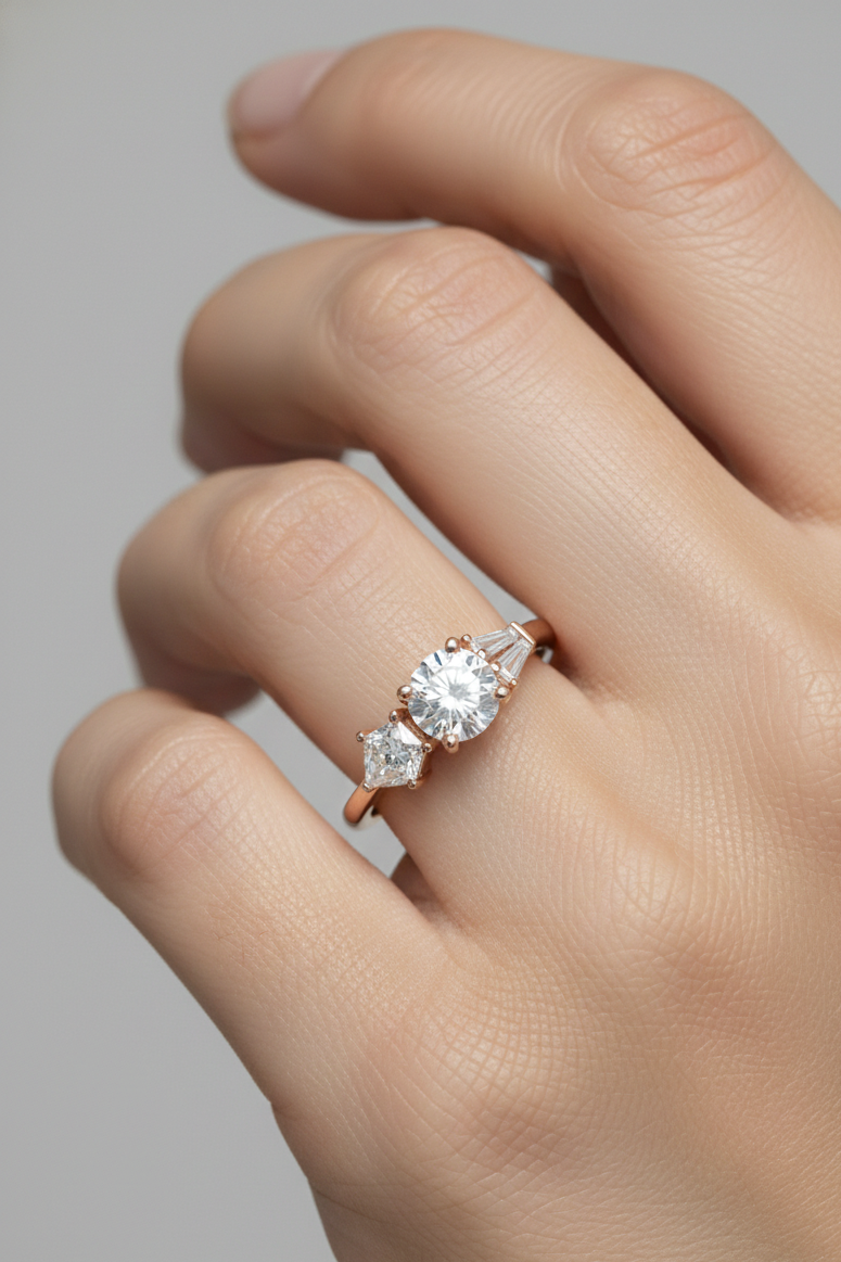 2.10 CT Three Stone Round Cut Moissanite Engagement Ring 14K Gold