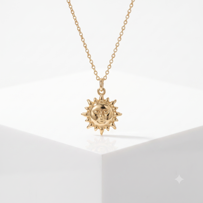 14k Gold Celestial Sun Face Pendant Necklace