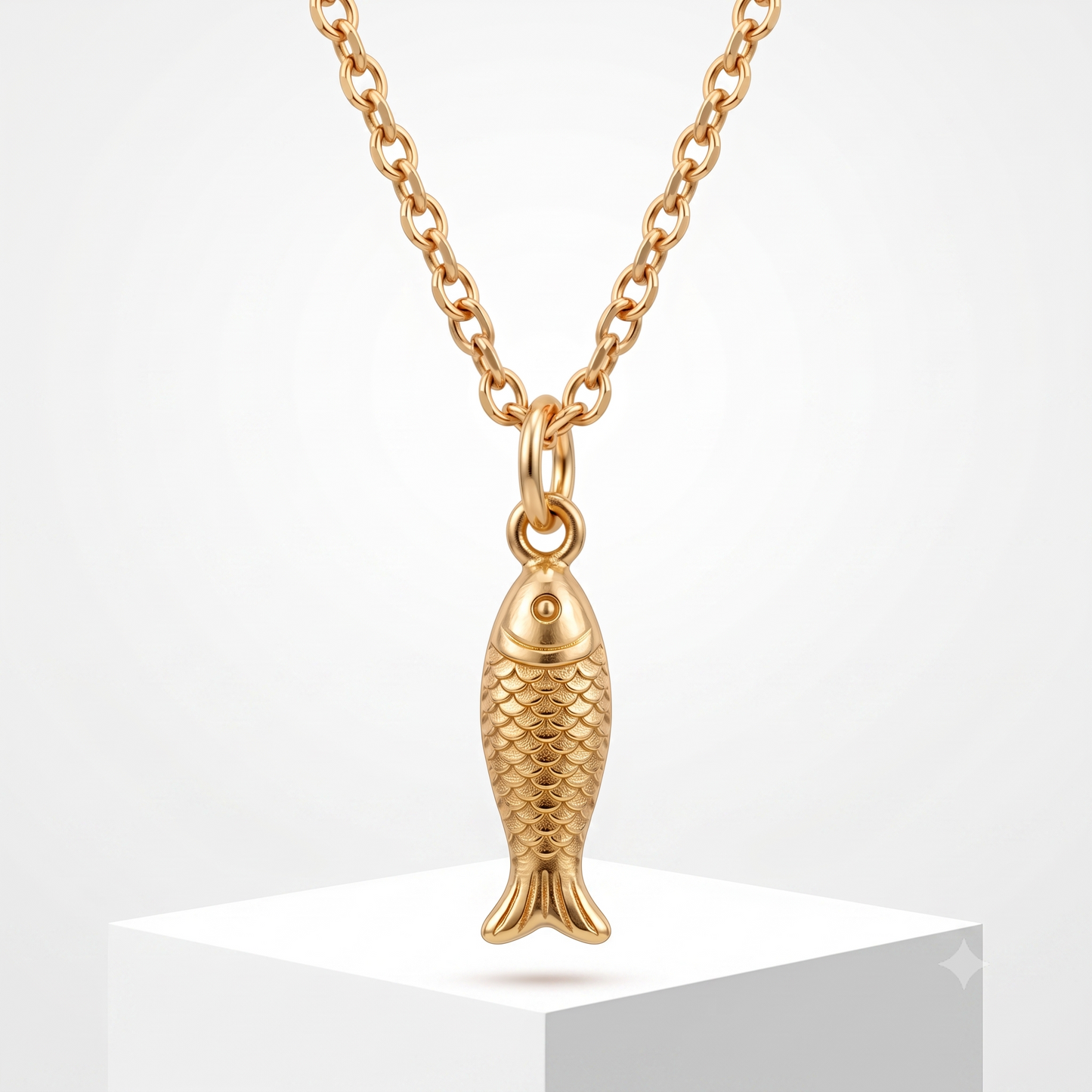 14K Solid Gold Fish Charm Pendant Necklace