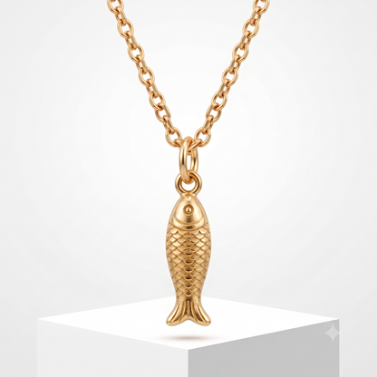 14K Solid Gold Fish Charm Pendant Necklace