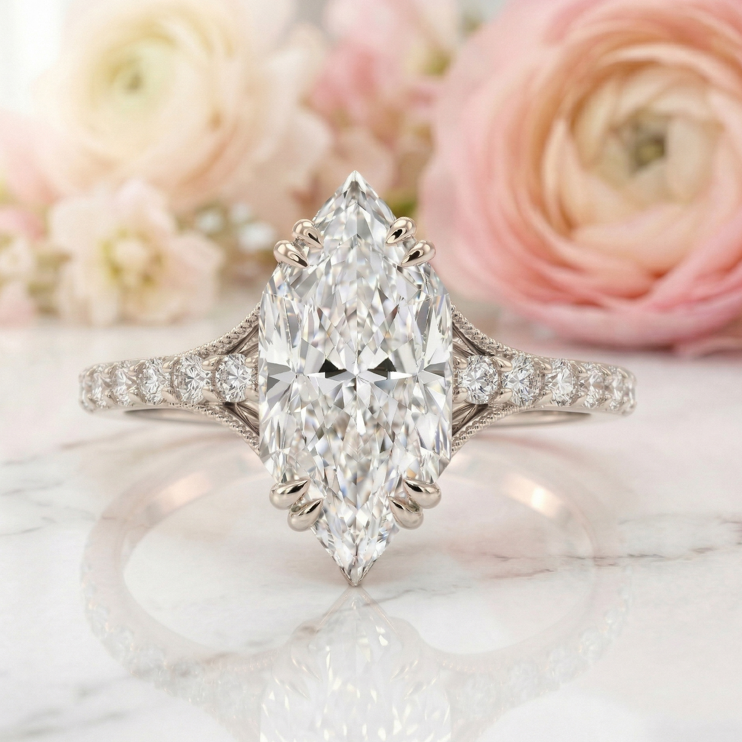 1.400CT Marquise Lab Grown Diamond Engagement Ring, Gold Pavé Band