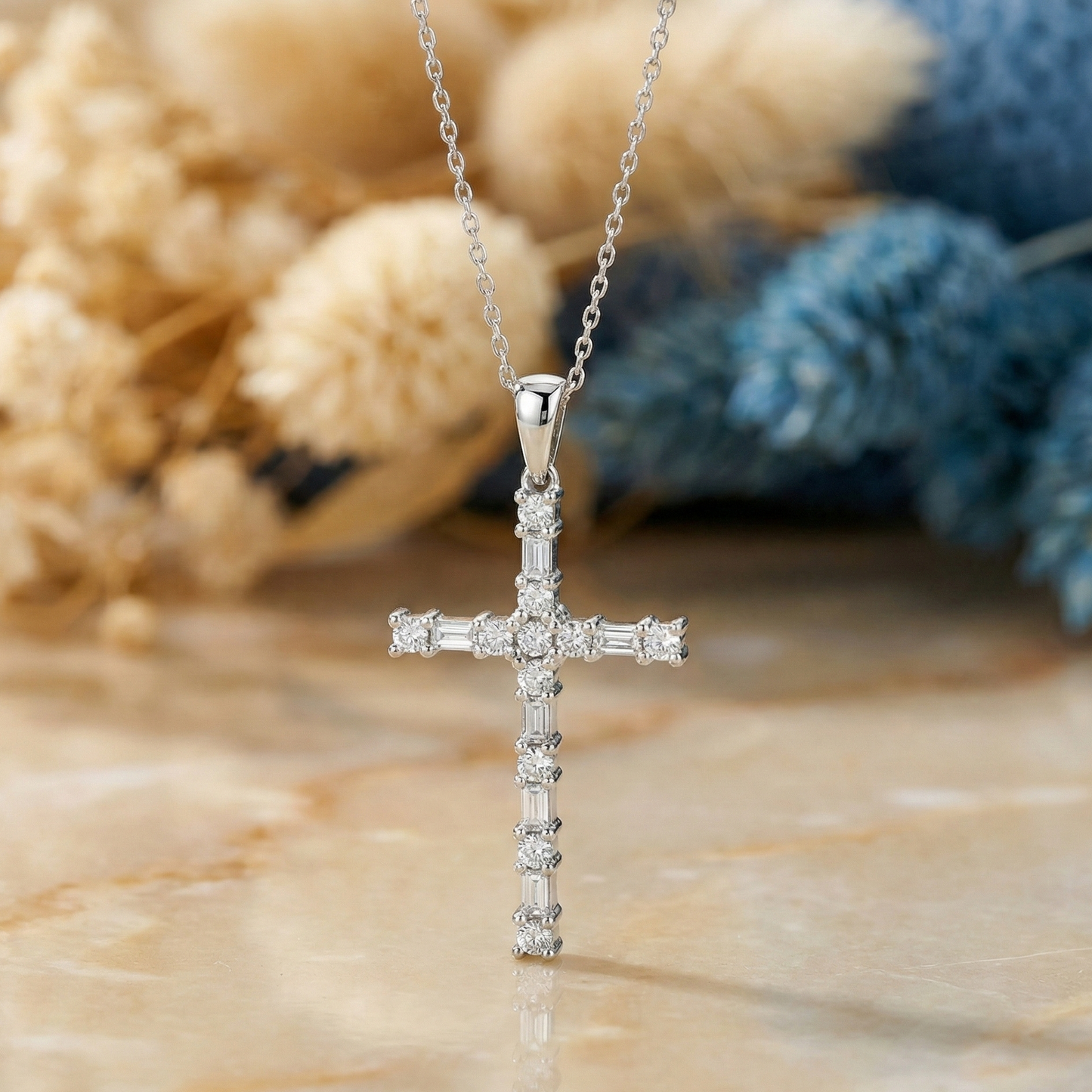 0.190 Ct Baguette & Round Lab-Grown Cross Necklace