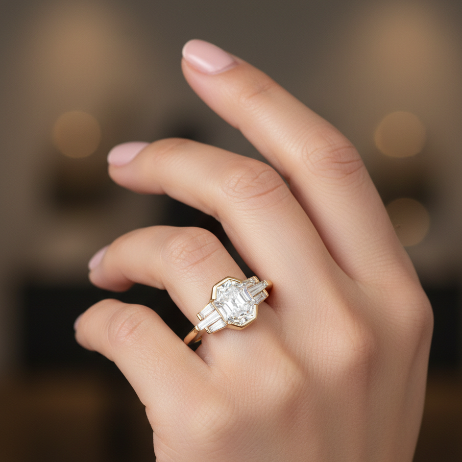 Hexagon Engagement Ring with Baguette Side Stones