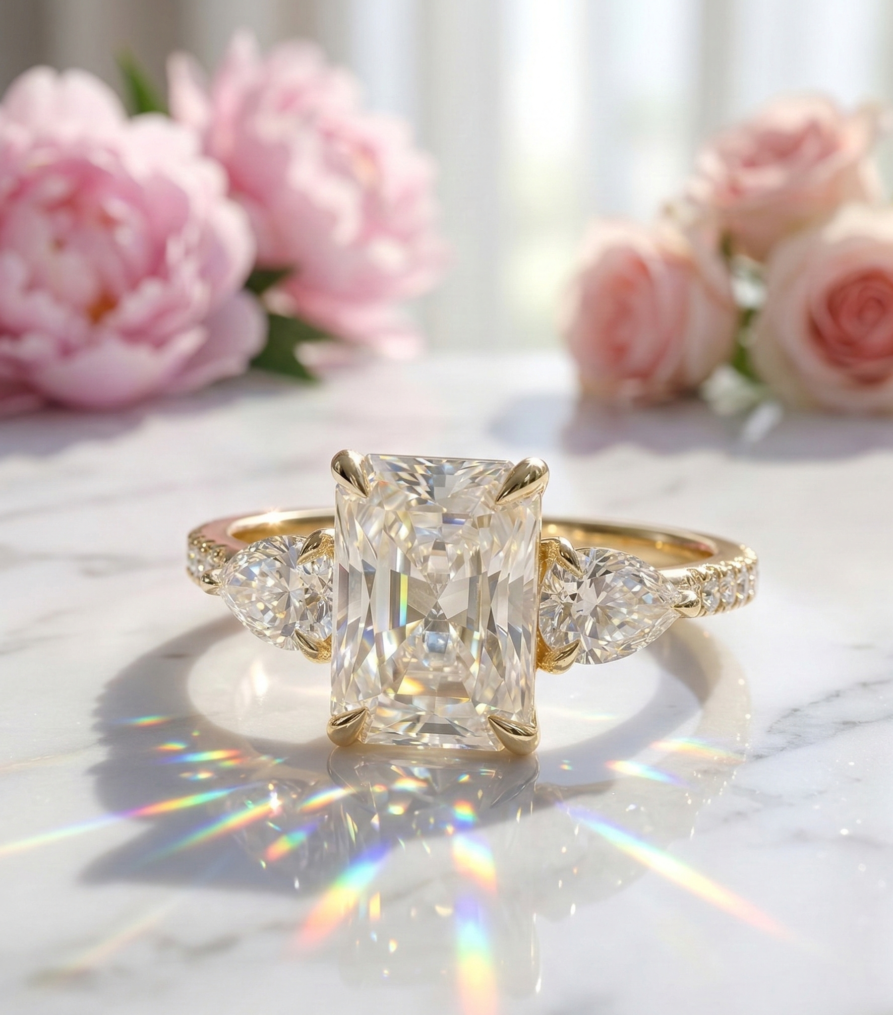 radiant three stone engagement ring​

