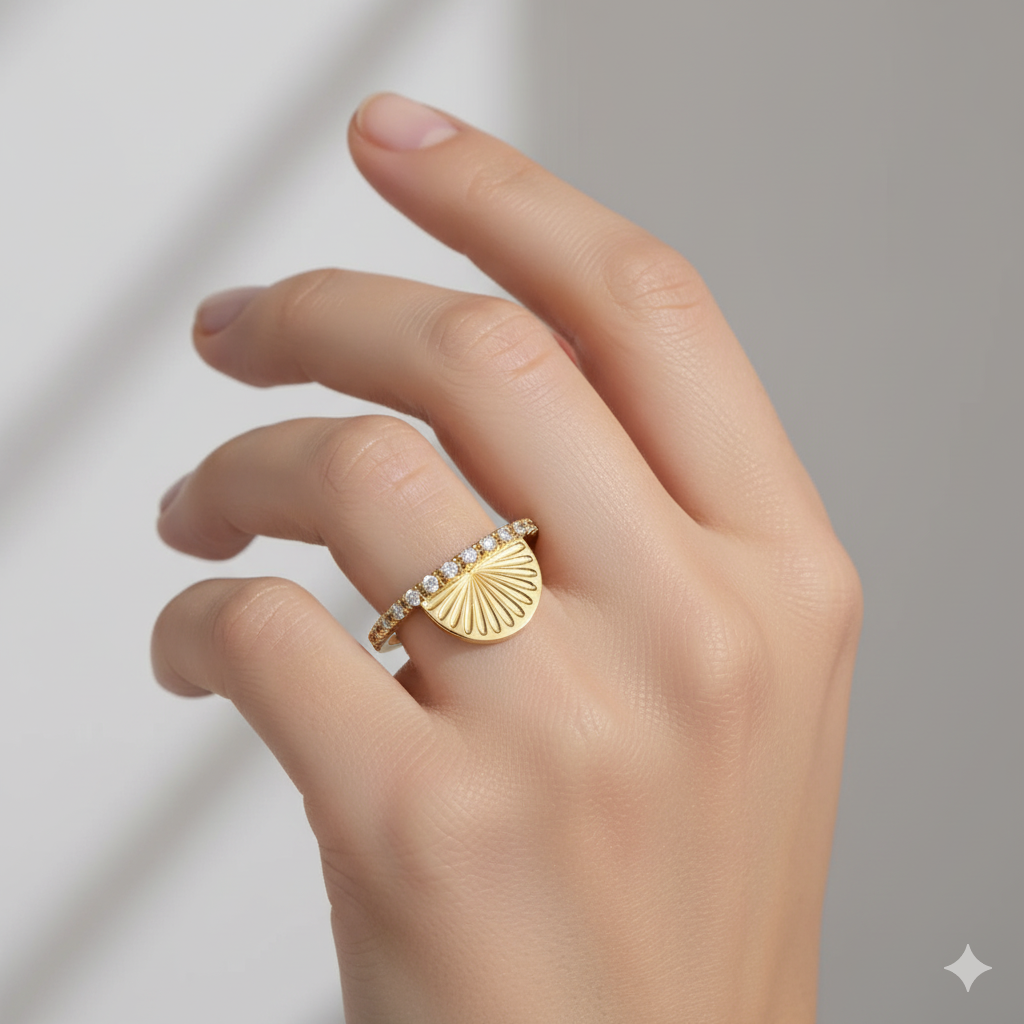 Lab Grown Diamond Sunburst Ring • 14K Gold Half Sun Wedding Band