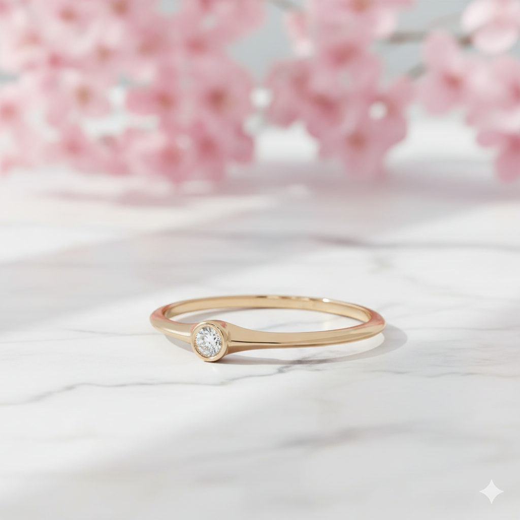 Minimalist Lab Grown Diamond Bezel Ring • 14K Gold Dainty Solitaire Ring