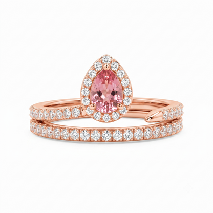 1.00Ct Pear Cut Man Made Pink Sapphire Halo Engagement Ring