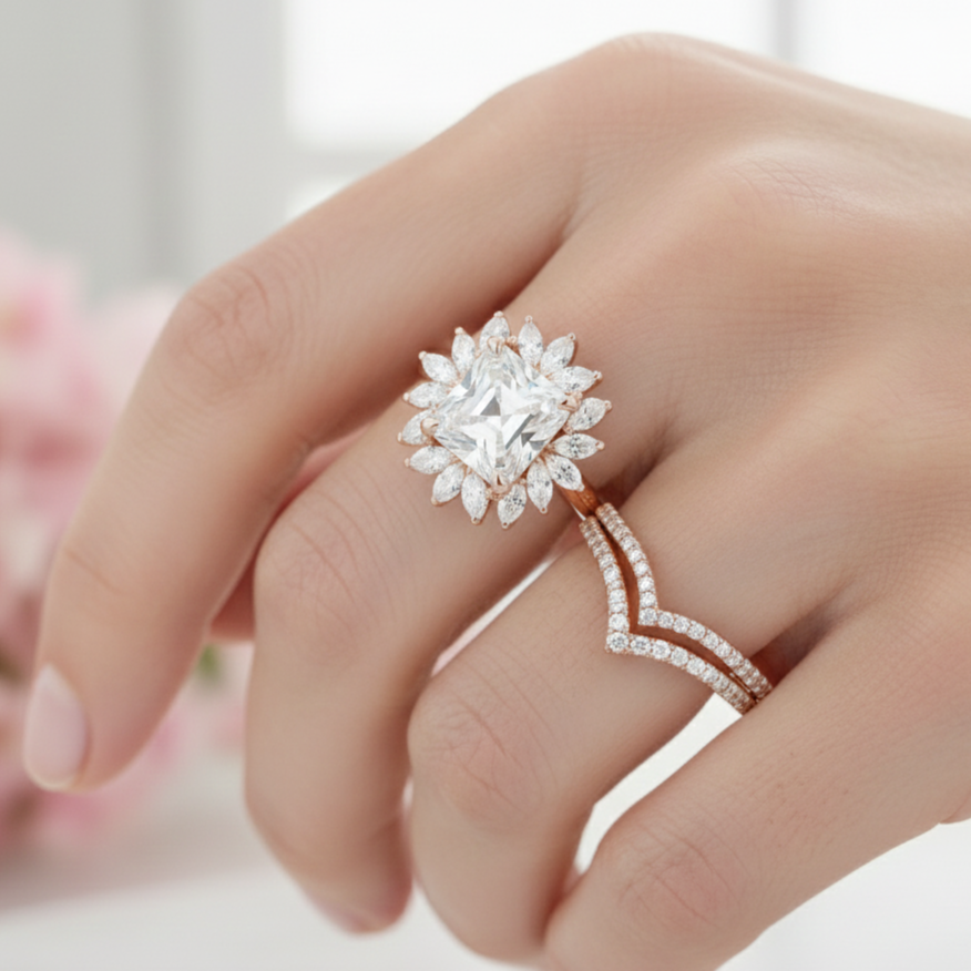 1.50 Ct Princess Cut Moissanite Engagement Ring Set