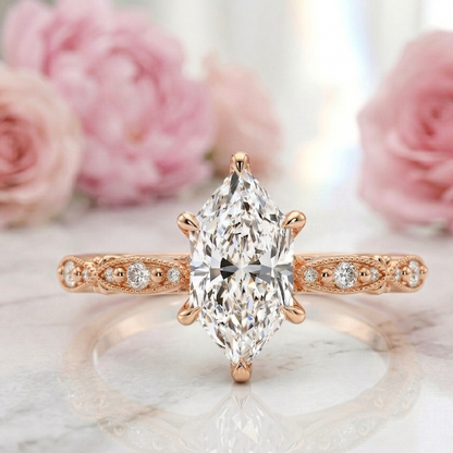 2.24 ct Marquise Lab Diamond Vintage Milgrain Engagement Ring