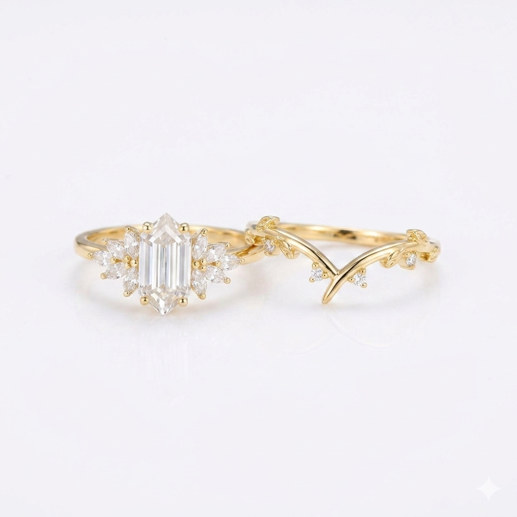 1.700ct Long hexagon cut Moissanite engagement ring set