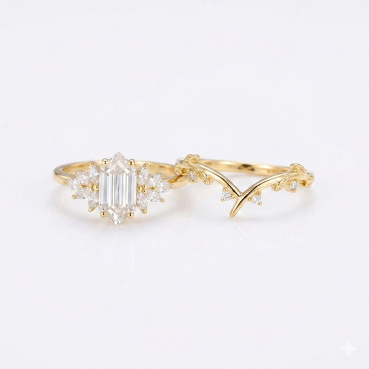 1.700ct Long hexagon cut Moissanite engagement ring set
