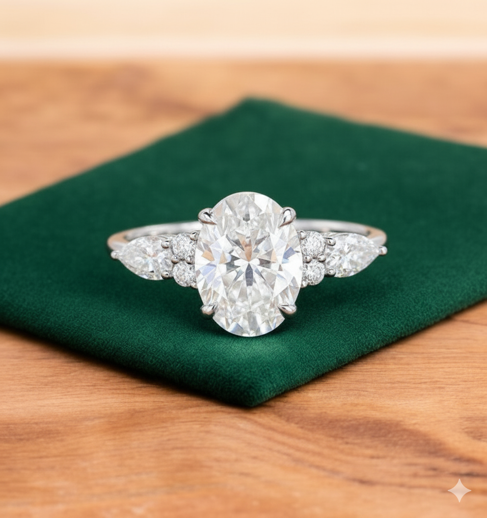 2.5 ct Oval Lab Grown Diamond Engagement Ring • Three Stone Vintage Bridal Ring