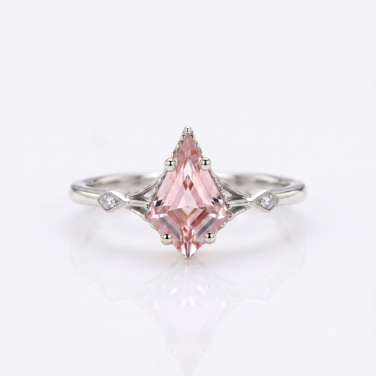 1.35ct Kite Cut Lab Pink Sapphire Engagement Ring • Three Stone Rose Gold Ring