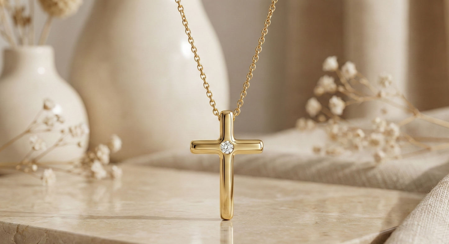 0.100 Ct Moissanite Cross Necklace – 14K Gold Christian Pendant