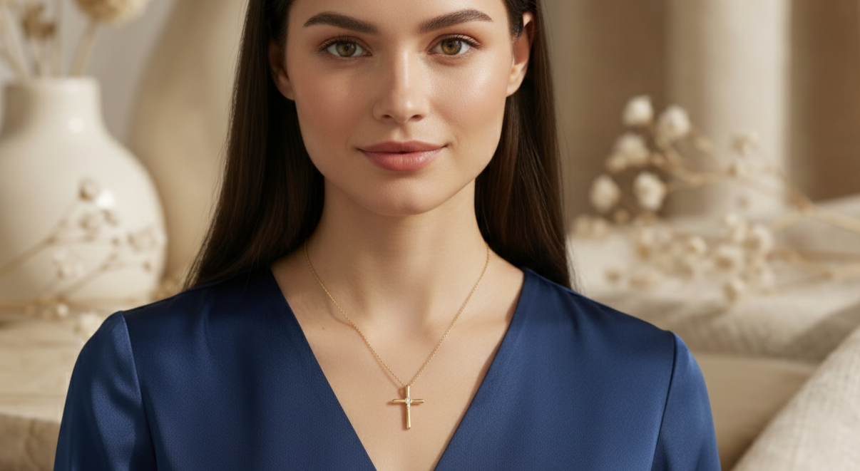 0.100 Ct Moissanite Cross Necklace – 14K Gold Christian Pendant