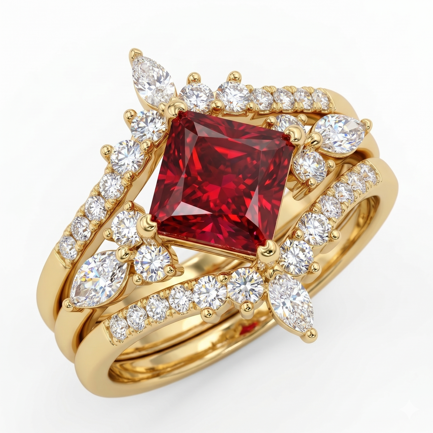 Princess Cut Ruby Engagement Ring Set - Elegant Bridal Duet