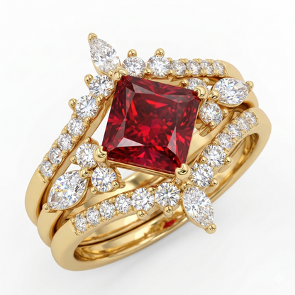 Princess Cut Ruby Engagement Ring Set - Elegant Bridal Duet