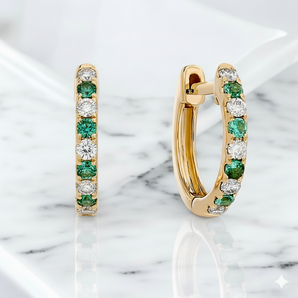 Alternating Lab Grown Diamond and Emerald Petite Hoop Earrings