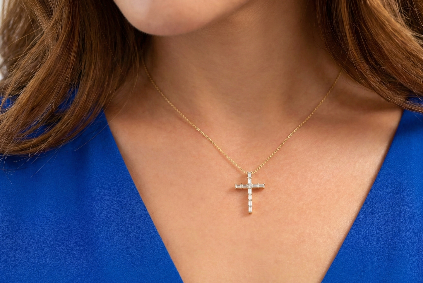 0.38 CT Baguette & Princess Cut Cross Pendant Necklace - 14K Gold