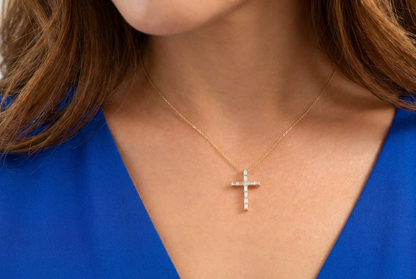 0.38 CT Baguette & Princess Cut Cross Pendant Necklace - 14K Gold