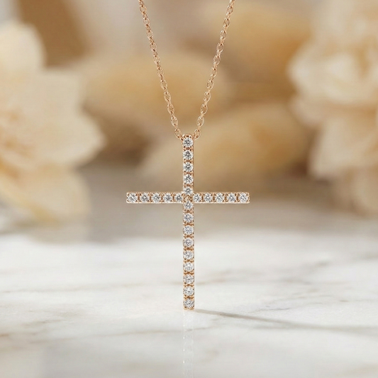 0.120 Ct Lab-Grown Diamond Cross Necklace – 14K Rose Gold