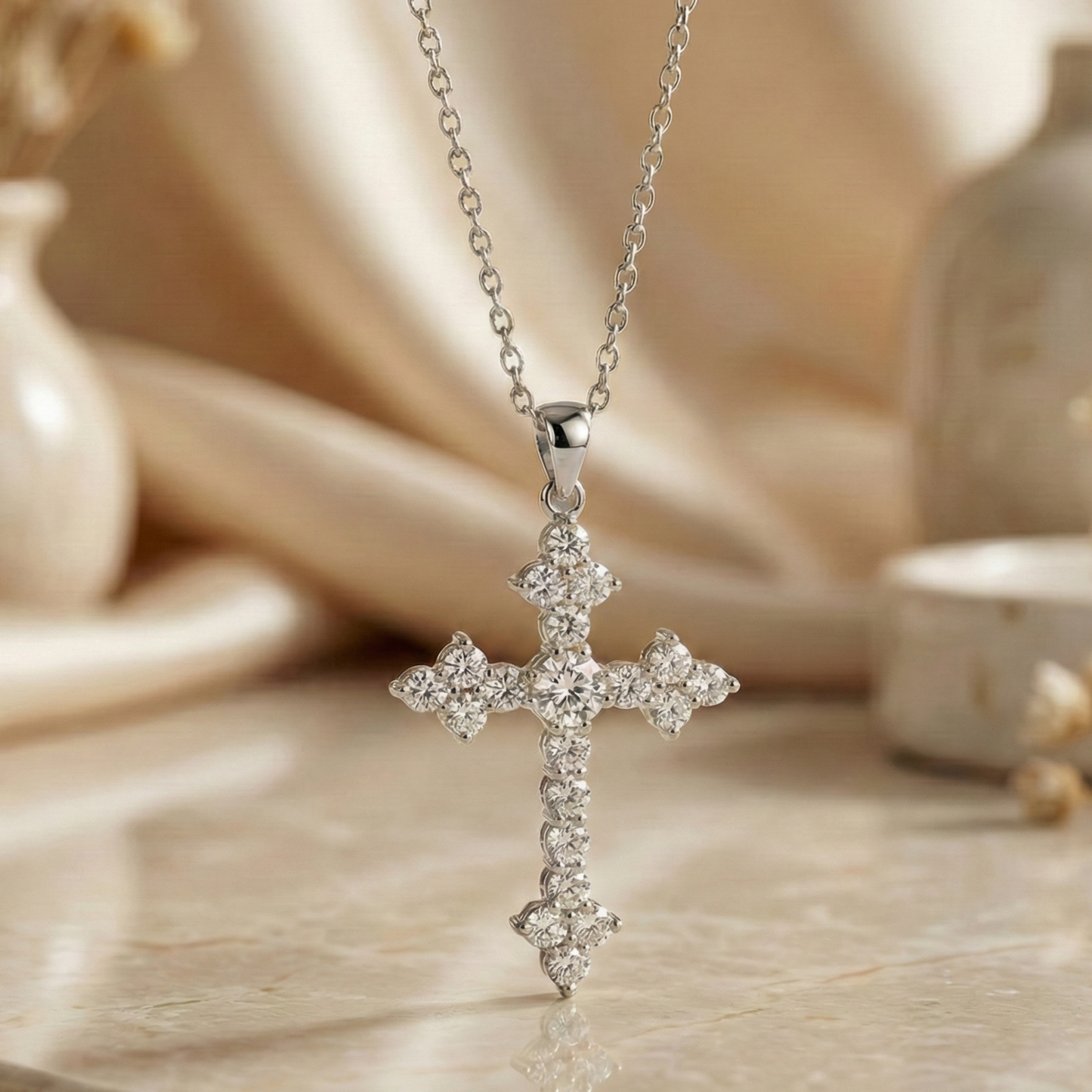 1.00Ct Dainty Lab-Grown Cross Necklace 14K Gold Pendant