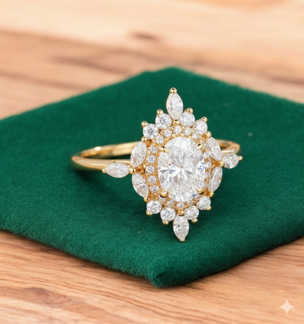 1.220ct Oval Lab Grown Diamond Engagement Ring • Vintage Rose Gold Art Deco Marquise Cluster Bridal Ring