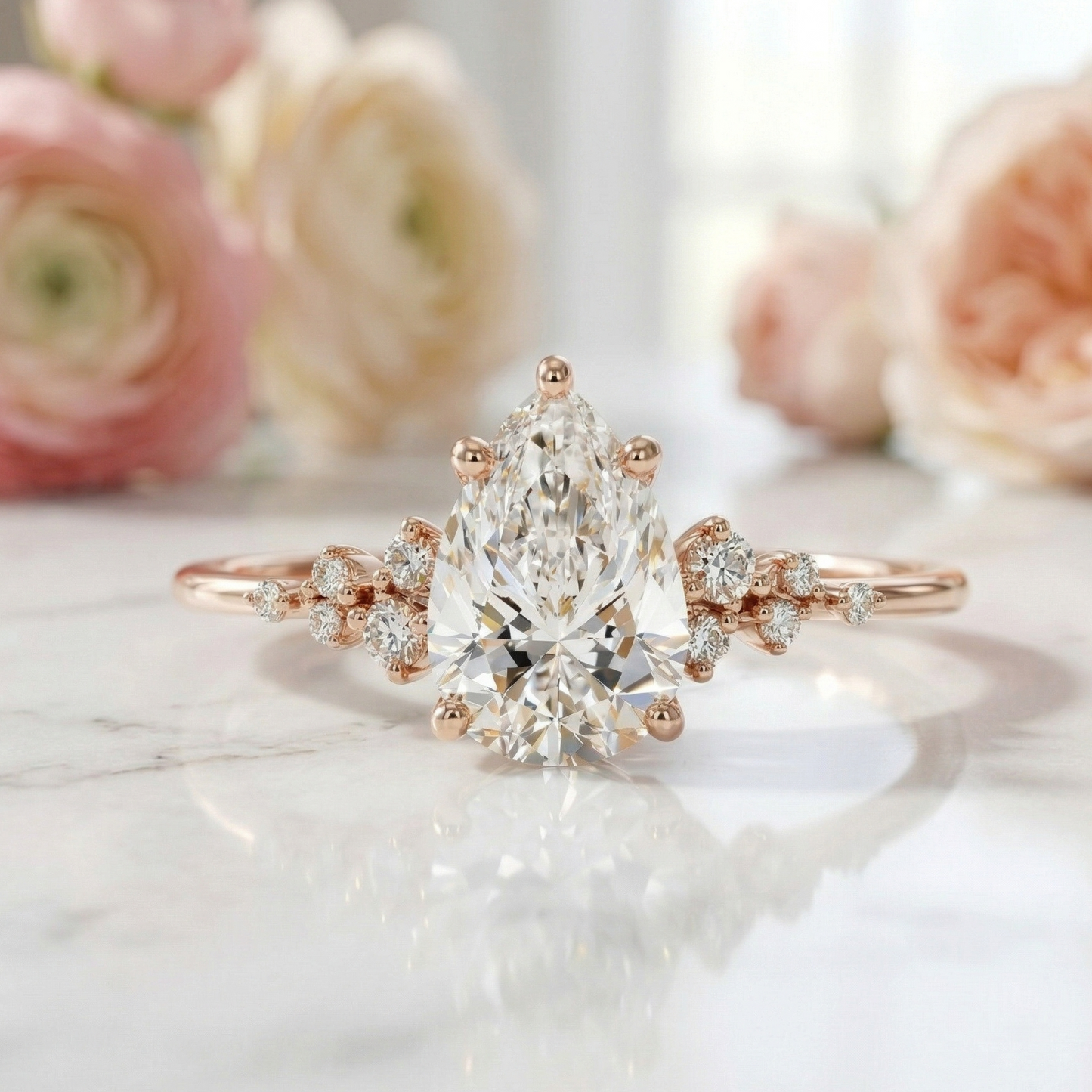2.100CT Pear Lab Diamond Floral Cluster Engagement Ring