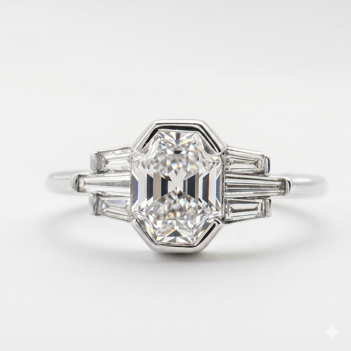 Hexagon Engagement Ring with Baguette Side Stones