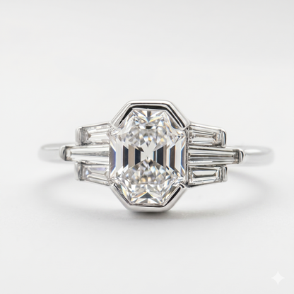 Hexagon Engagement Ring with Baguette Side Stones