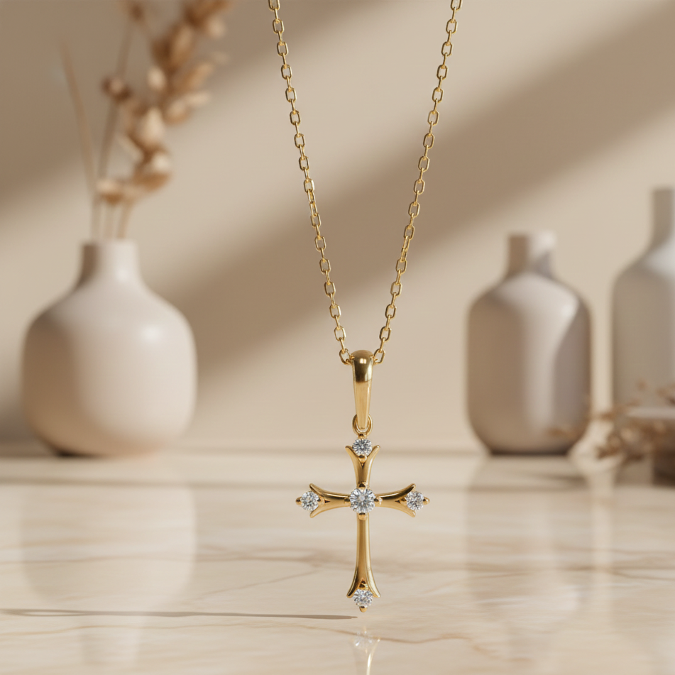 0.108 Ct Cross Necklace with Five Lab-Grown Stones