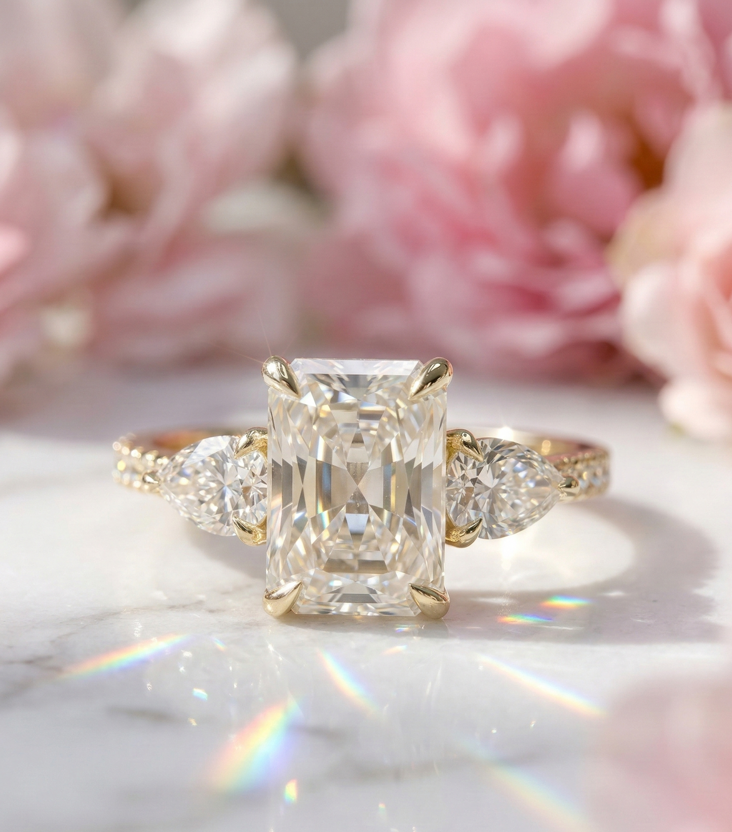 2.45 Ct Radiant Lab Grown Diamond Three Stone Engagement Ring
