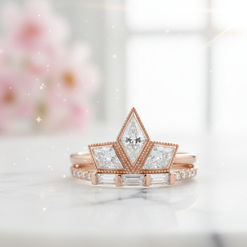 1.20ct Kite Cut Lab Grown Art Deco Three Stone Engagement Ring sets