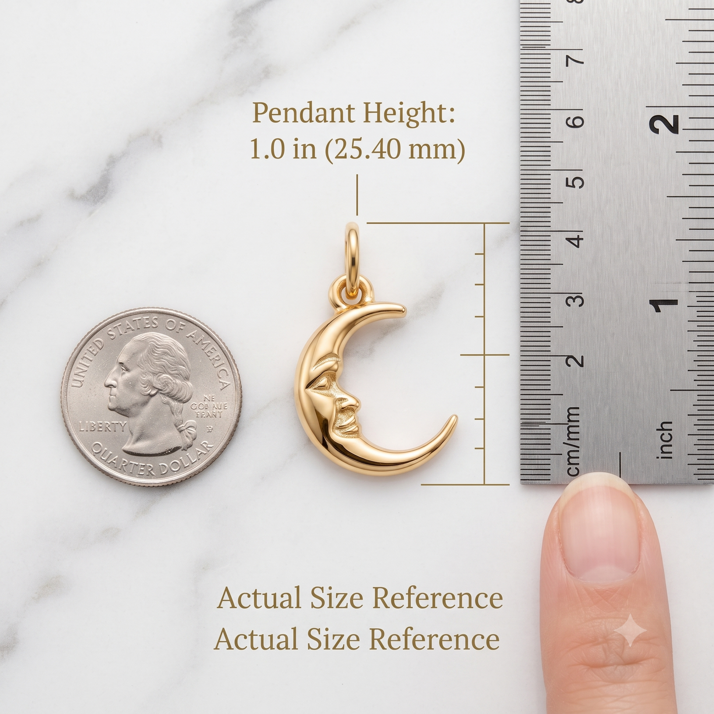 Crescent Moon Face Pendant Necklace, 14K Solid Gold