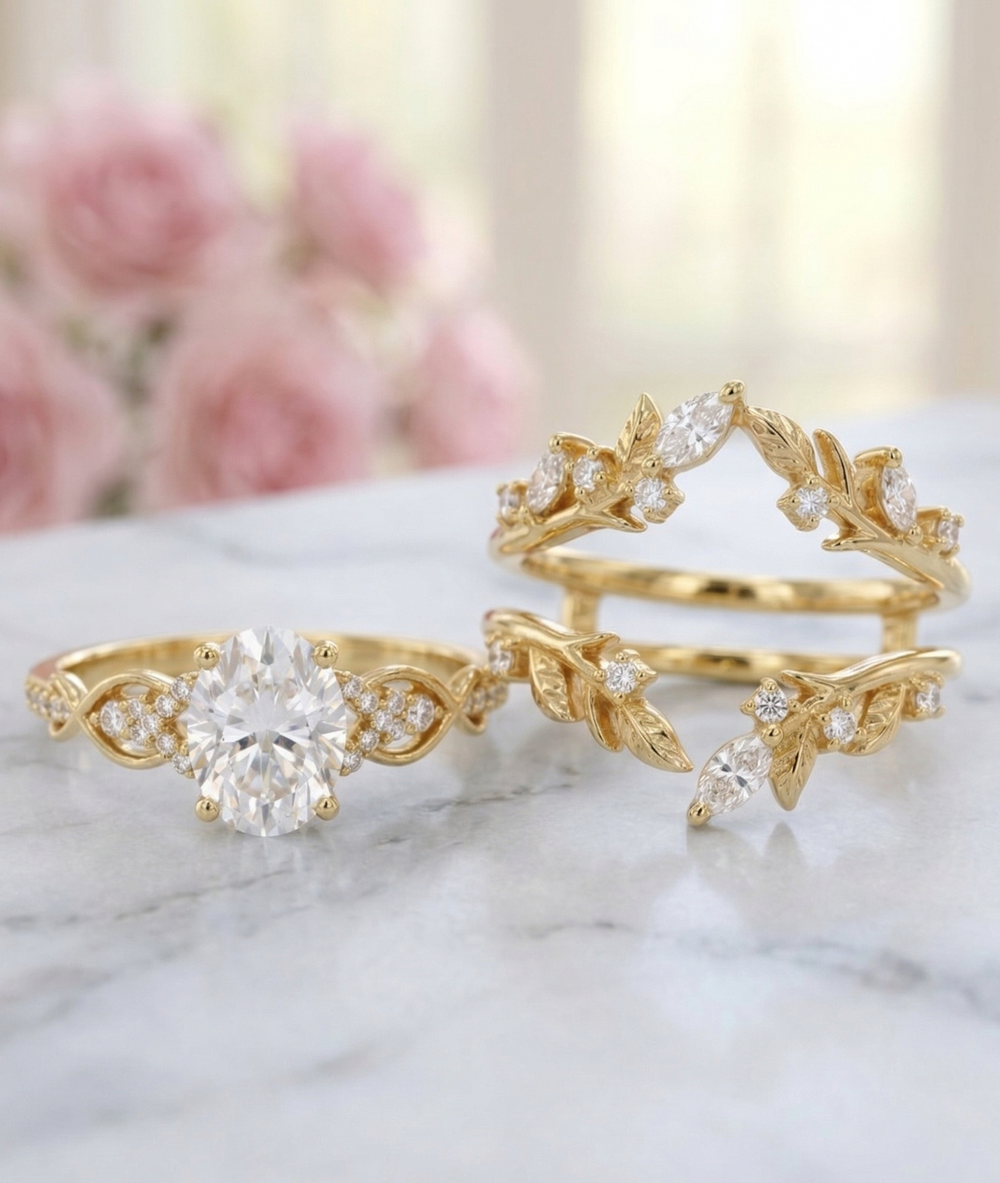 1.520ct Oval Lab Grown Diamond Leaf Bridal Ring Set in Gold